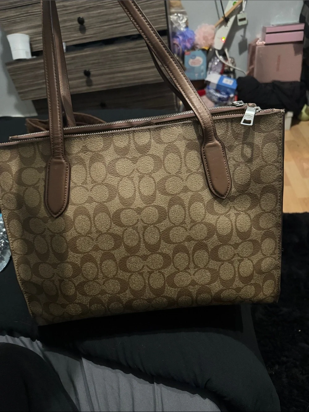 Coach Brown Signature Canvas Tote with Leather Trim